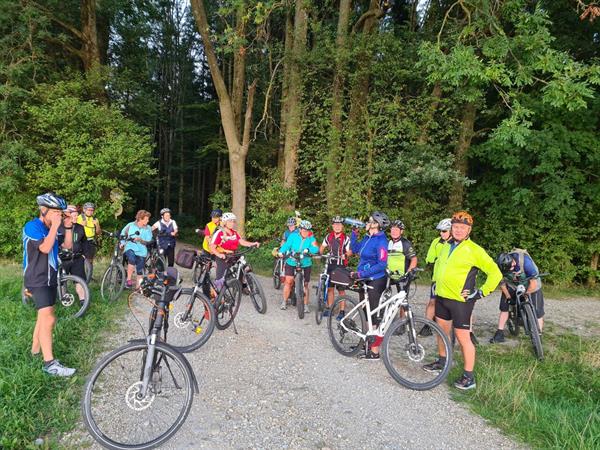Eine Gruppe von Menschen auf Fahrrädern auf einem Waldweg